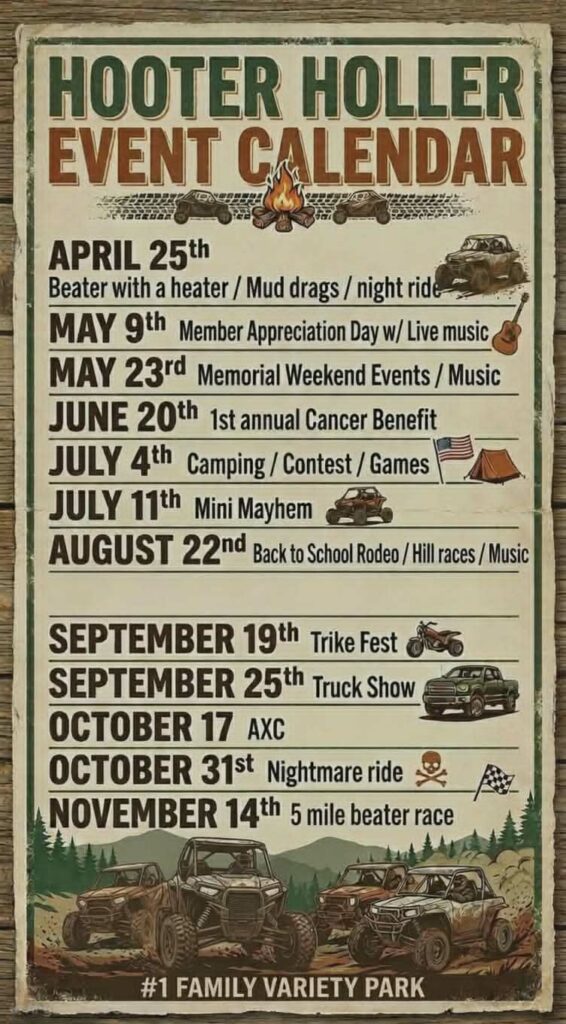 2026 Event Calendar for Hooter Holler Offroad Park - Top 100 Family Friendly Park in Missouri." This ensures that when someone searches "Off road events Missouri 2026,